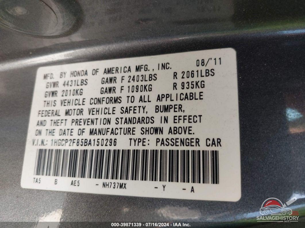 1HGCP2F85BA150296 2011 HONDA ACCORD photo no. 9