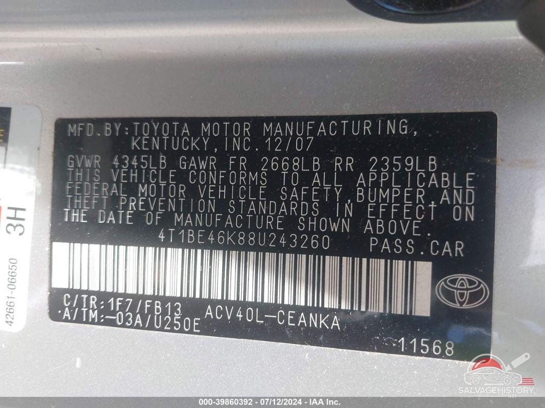 4T1BE46K88U243260 2008 TOYOTA CAMRY photo no. 9