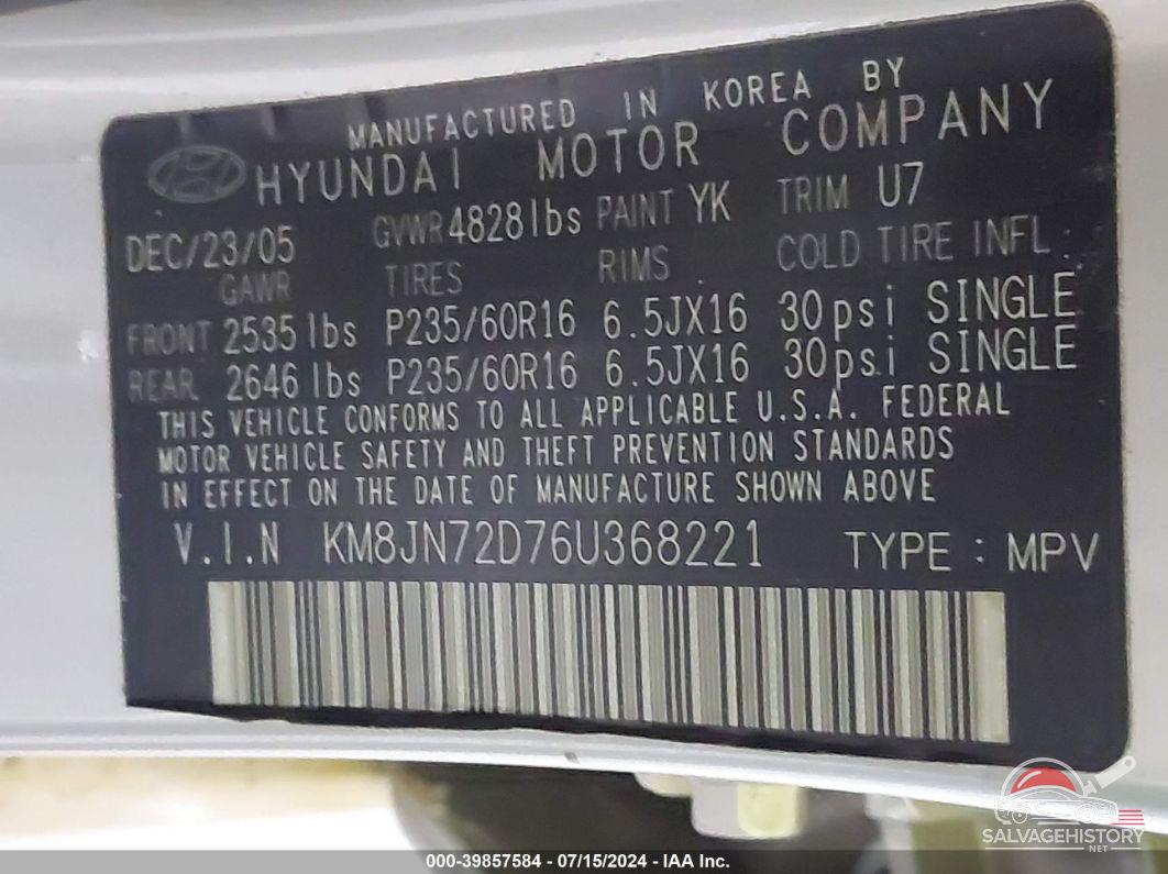 KM8JN72D76U368221 2006 HYUNDAI TUCSON photo no. 9