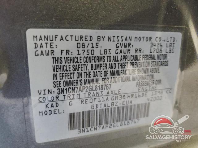 3N1CN7AP2GL818767 2016 NISSAN VERSA photo no. 12