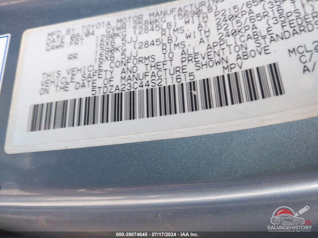 5TDZA23C44S211615 2004 TOYOTA SIENNA photo no. 9