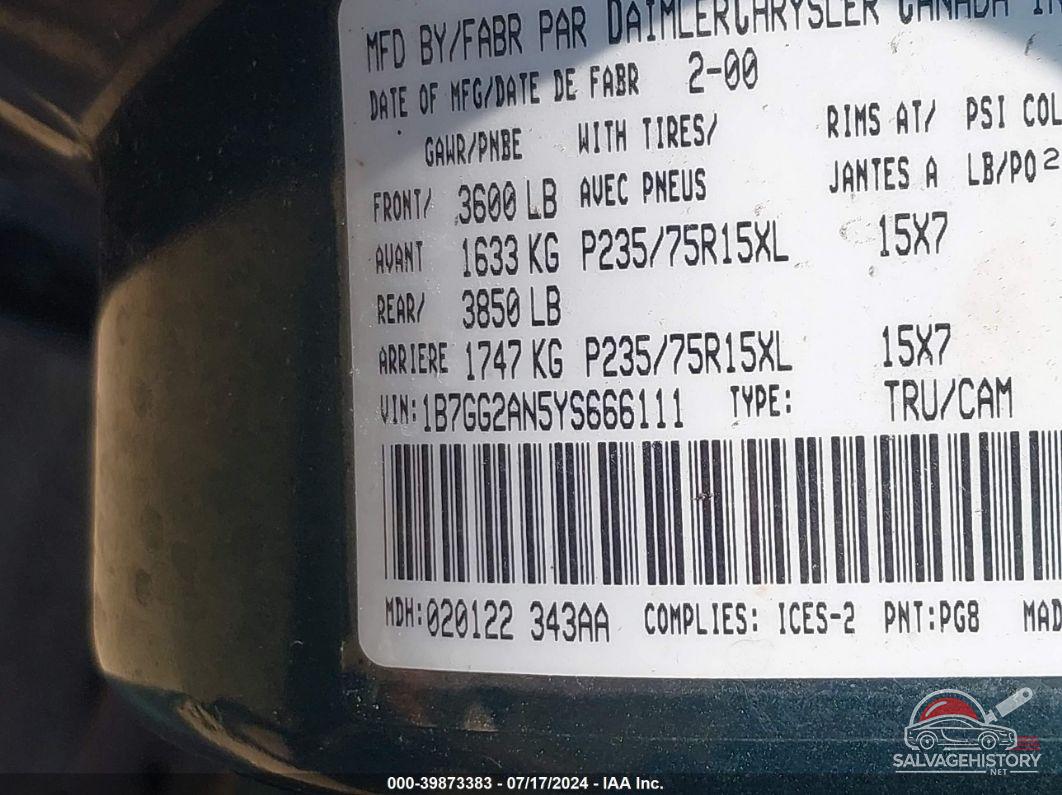 1B7GG2AN5YS666111 2000 DODGE DAKOTA photo no. 9