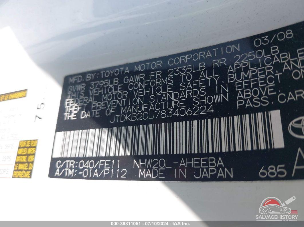 JTDKB20U783406224 2008 TOYOTA PRIUS photo no. 9