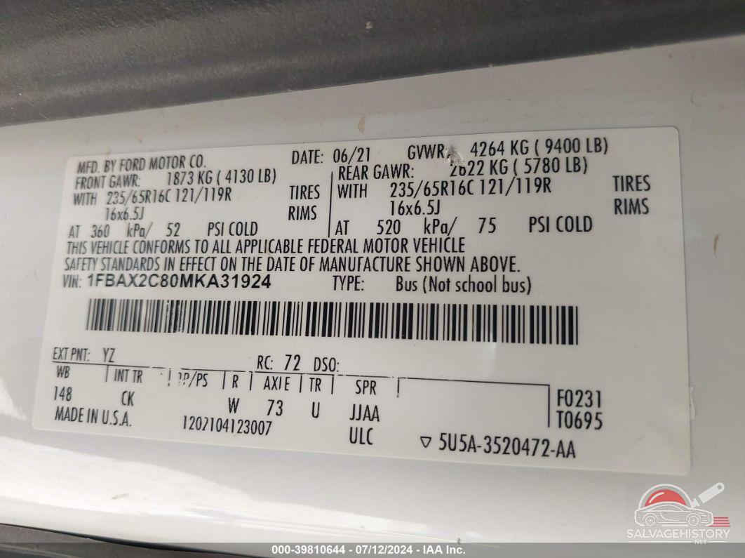 1FBAX2C80MKA31924 2021 FORD TRANSIT photo no. 9