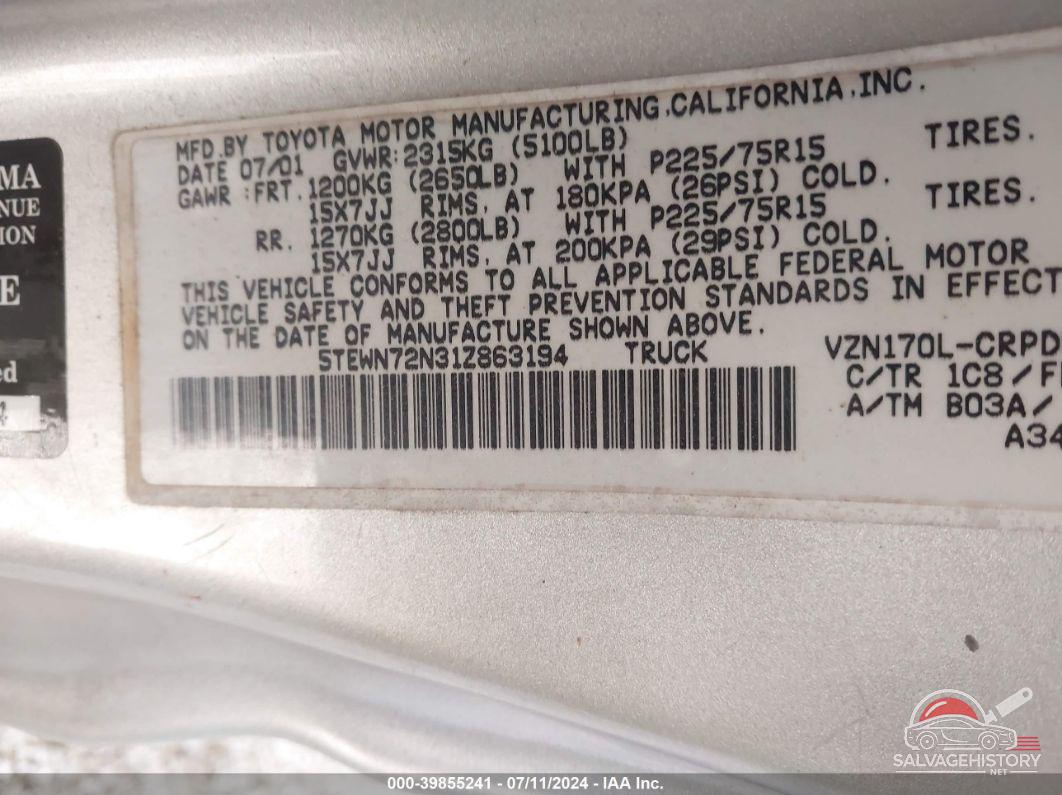 5TEWN72N31Z863194 2001 TOYOTA TACOMA photo no. 9
