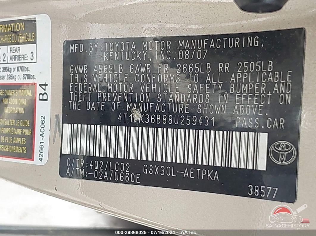 4T1BK36B88U259431 2008 TOYOTA AVALON photo no. 9