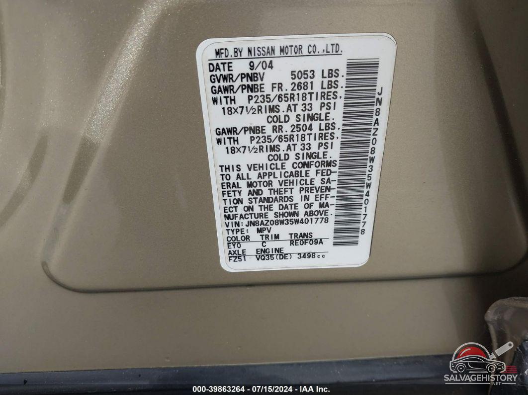 JN8AZ08W35W401778 2005 NISSAN MURANO photo no. 9
