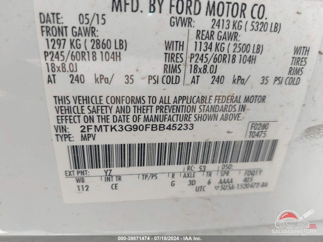 2FMTK3G90FBB45233 2015 FORD EDGE photo no. 9