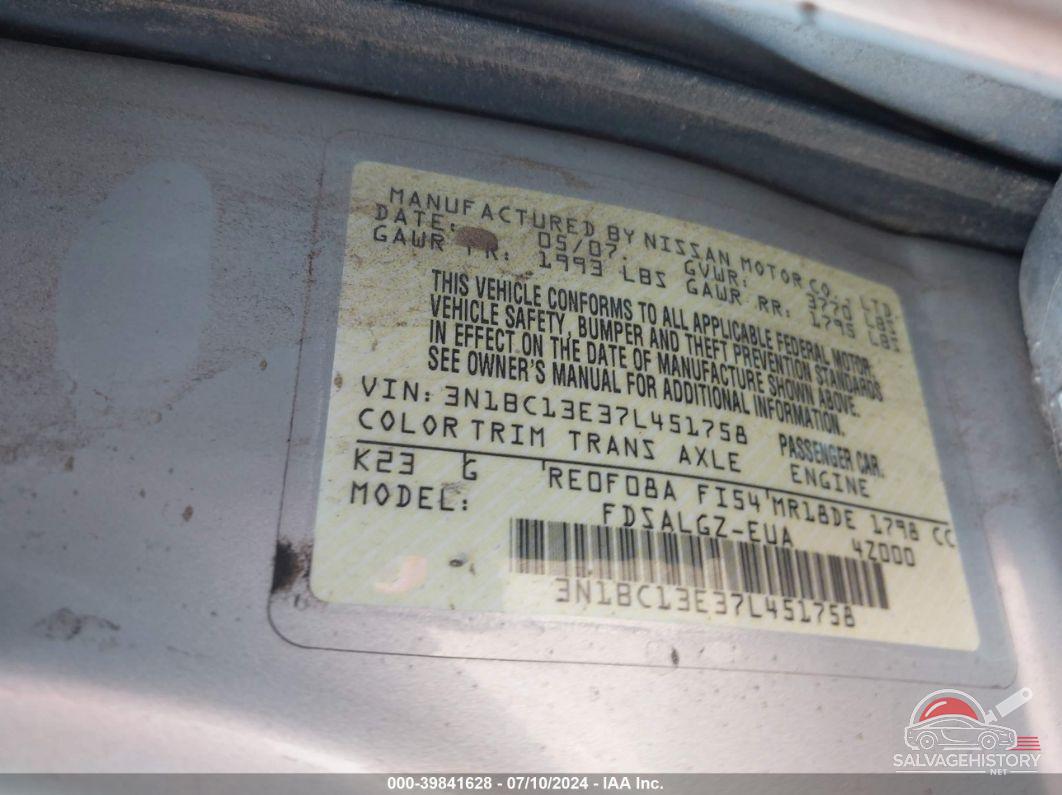 3N1BC13E37L451758 2007 NISSAN VERSA photo no. 9