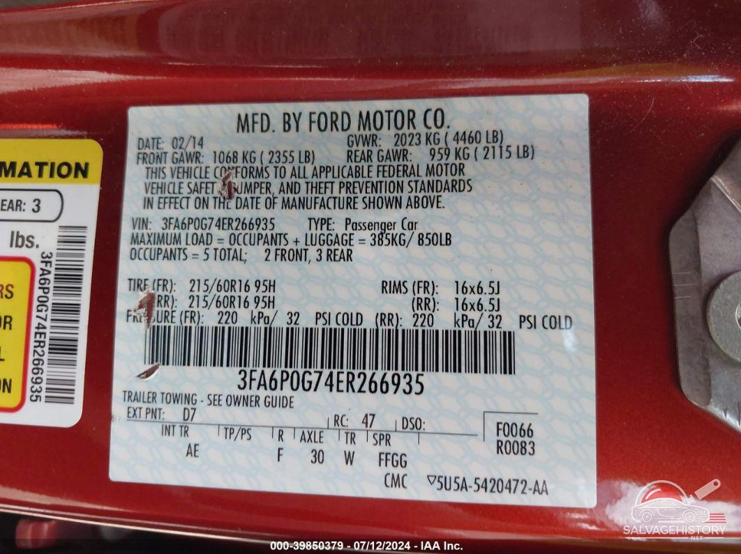3FA6P0G74ER266935 2014 FORD FUSION photo no. 9