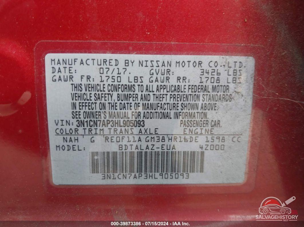 3N1CN7AP3HL905093 2017 NISSAN VERSA photo no. 9