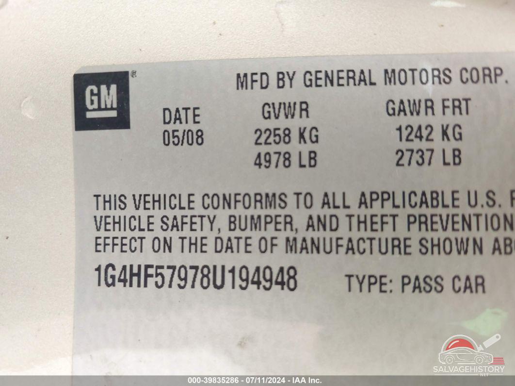 1G4HF57978U194948 2008 BUICK LUCERNE photo no. 9