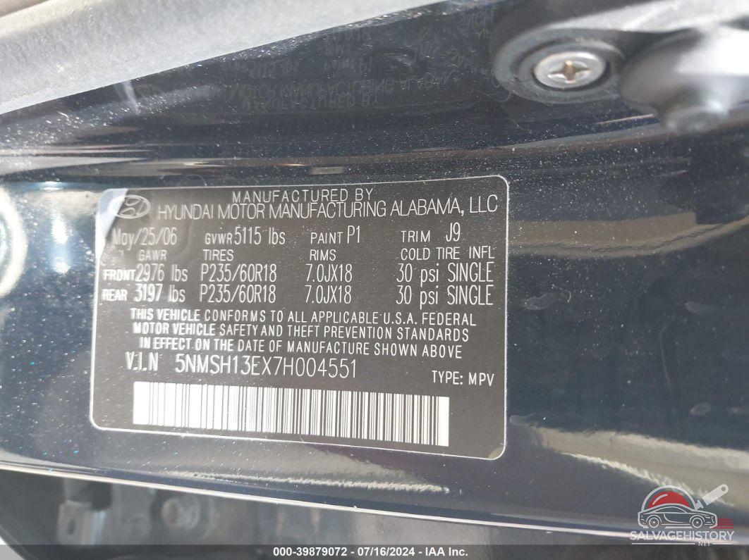 5NMSH13EX7H004551 2007 HYUNDAI SANTA FE photo no. 9