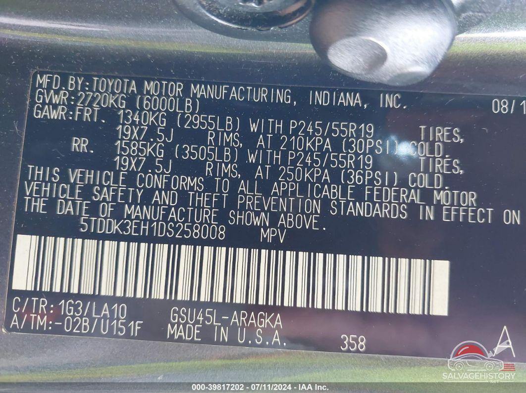 5TDDK3EH1DS258008 2013 TOYOTA HIGHLANDER photo no. 9