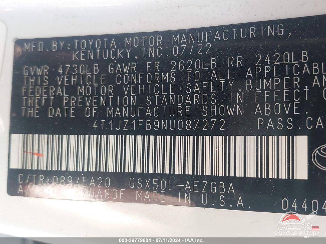 4T1JZ1FB9NU087272 2022 TOYOTA AVALON photo no. 9