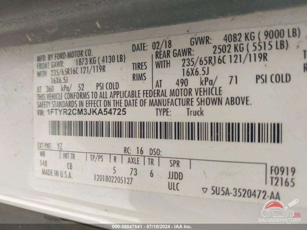1FTYR2CM3JKA54725 2018 FORD TRANSIT-250 photo no. 9