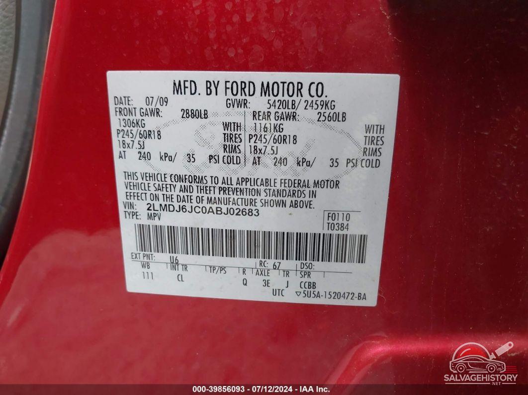 2LMDJ6JC0ABJ02683 2010 LINCOLN MKX photo no. 9