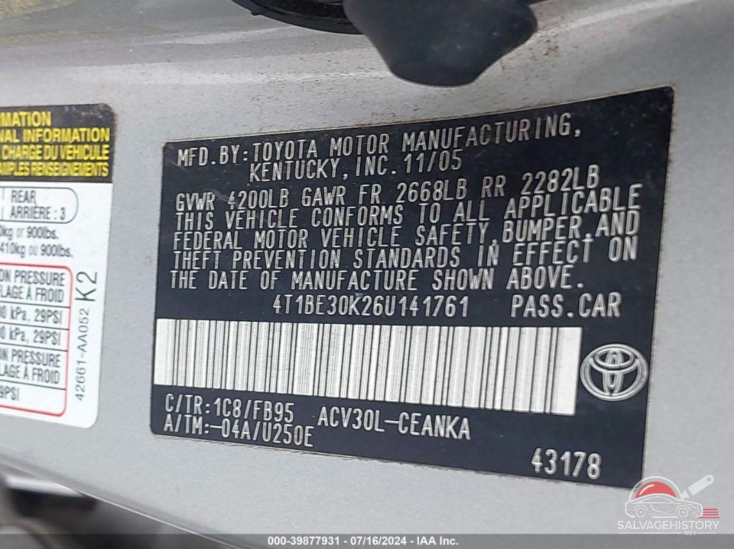 4T1BE30K26U141761 2006 TOYOTA CAMRY photo no. 9