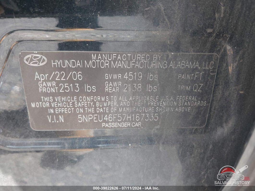 5NPEU46F57H167335 2007 HYUNDAI SONATA photo no. 9