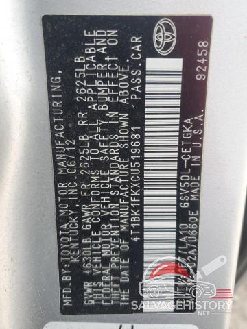 4T1BK1FKXCU519681 2012 TOYOTA CAMRY photo no. 12
