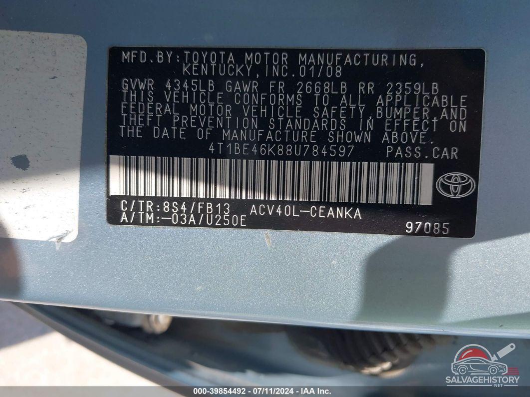 4T1BE46K88U784597 2008 TOYOTA CAMRY photo no. 9