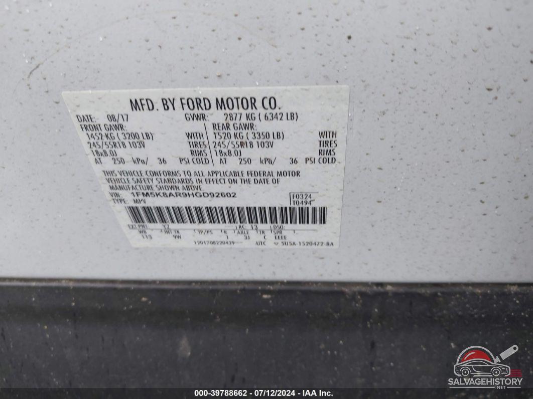 1FM5K8AR9HGD92602 2017 FORD EXPLORER photo no. 9