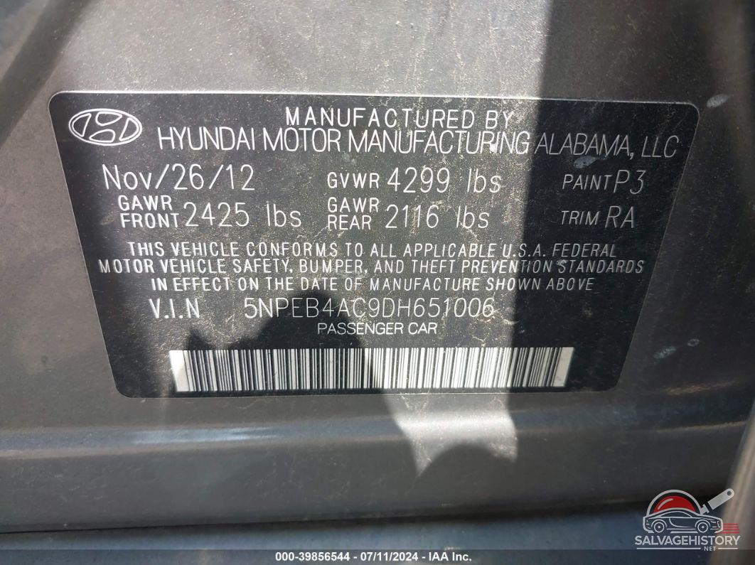 5NPEB4AC9DH651006 2013 HYUNDAI SONATA photo no. 9