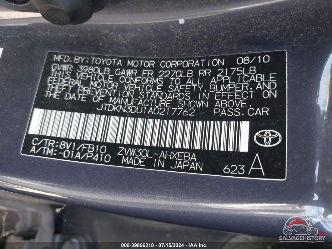 JTDKN3DU1A0217762 2010 TOYOTA PRIUS photo no. 9