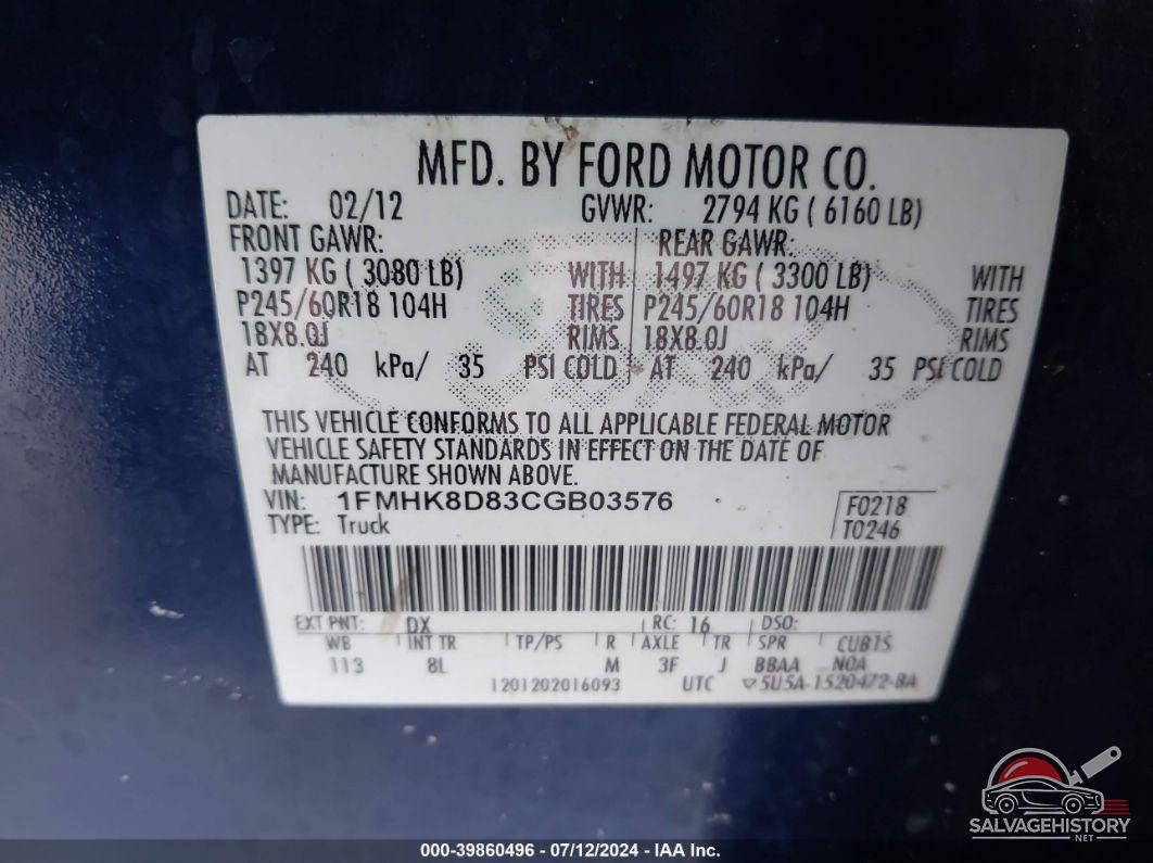 1FMHK8D83CGB03576 2012 FORD EXPLORER photo no. 9