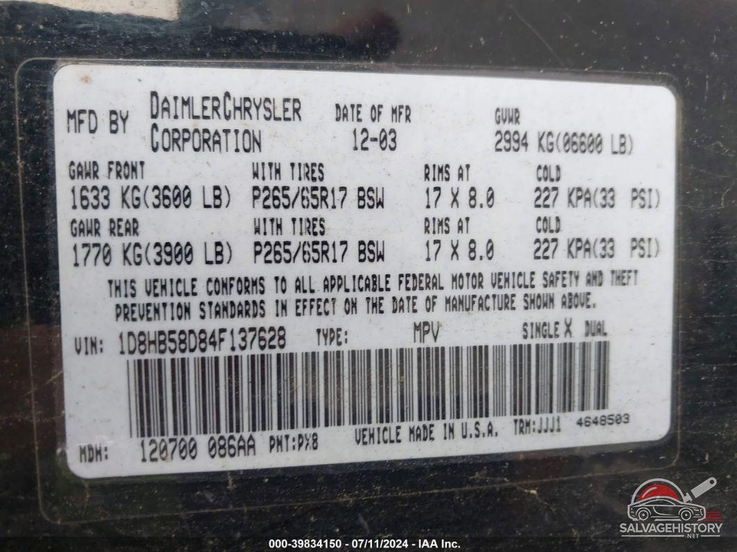 1D8HB58D84F137628 2004 DODGE DURANGO photo no. 9