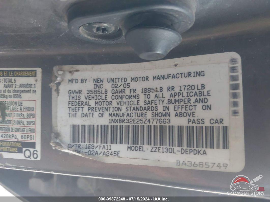 1NXBR32E25Z477663 2005 TOYOTA COROLLA photo no. 9