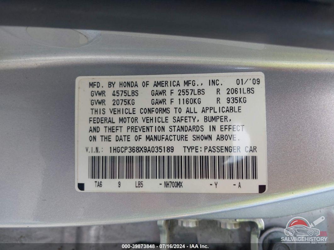 1HGCP368X9A035189 2009 HONDA ACCORD photo no. 7