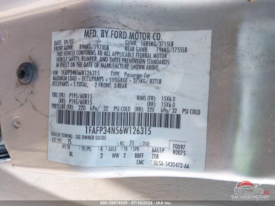 1FAFP34N56W126315 2006 FORD FOCUS photo no. 9