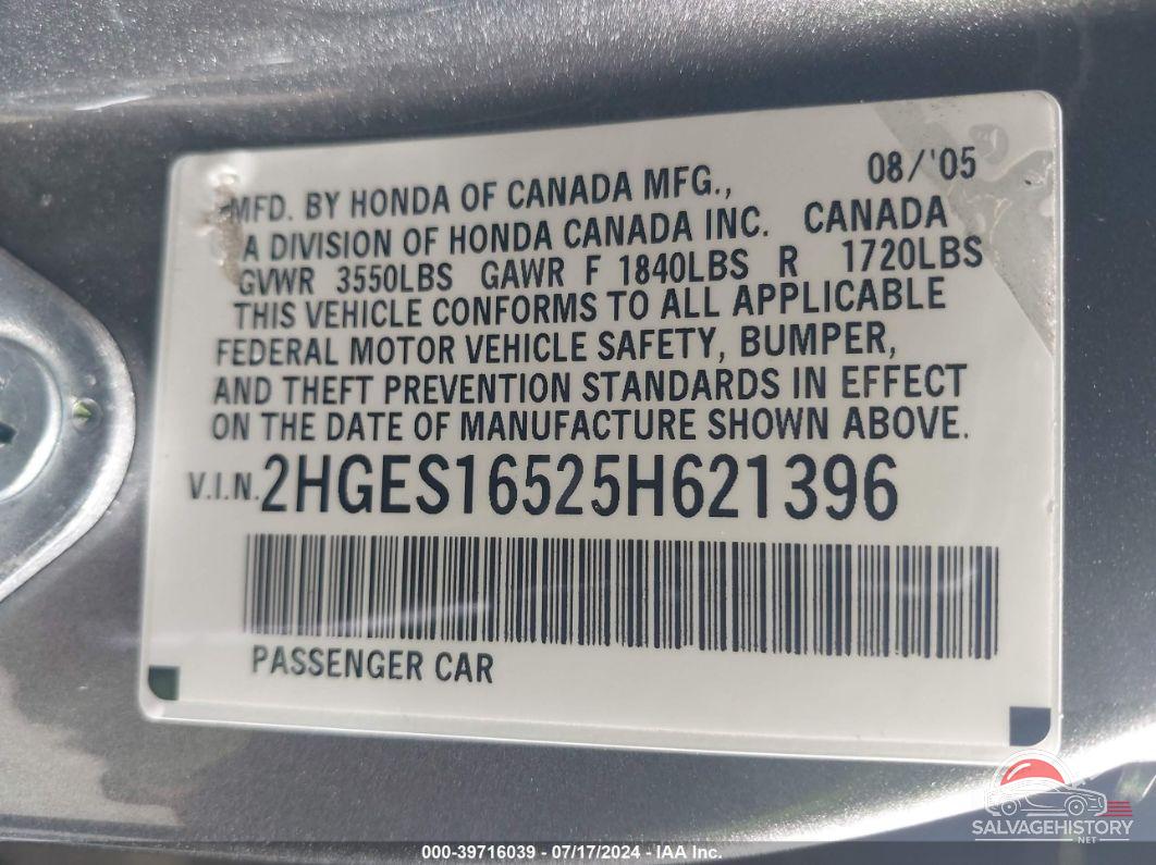 2HGES16525H621396 2005 HONDA CIVIC photo no. 9