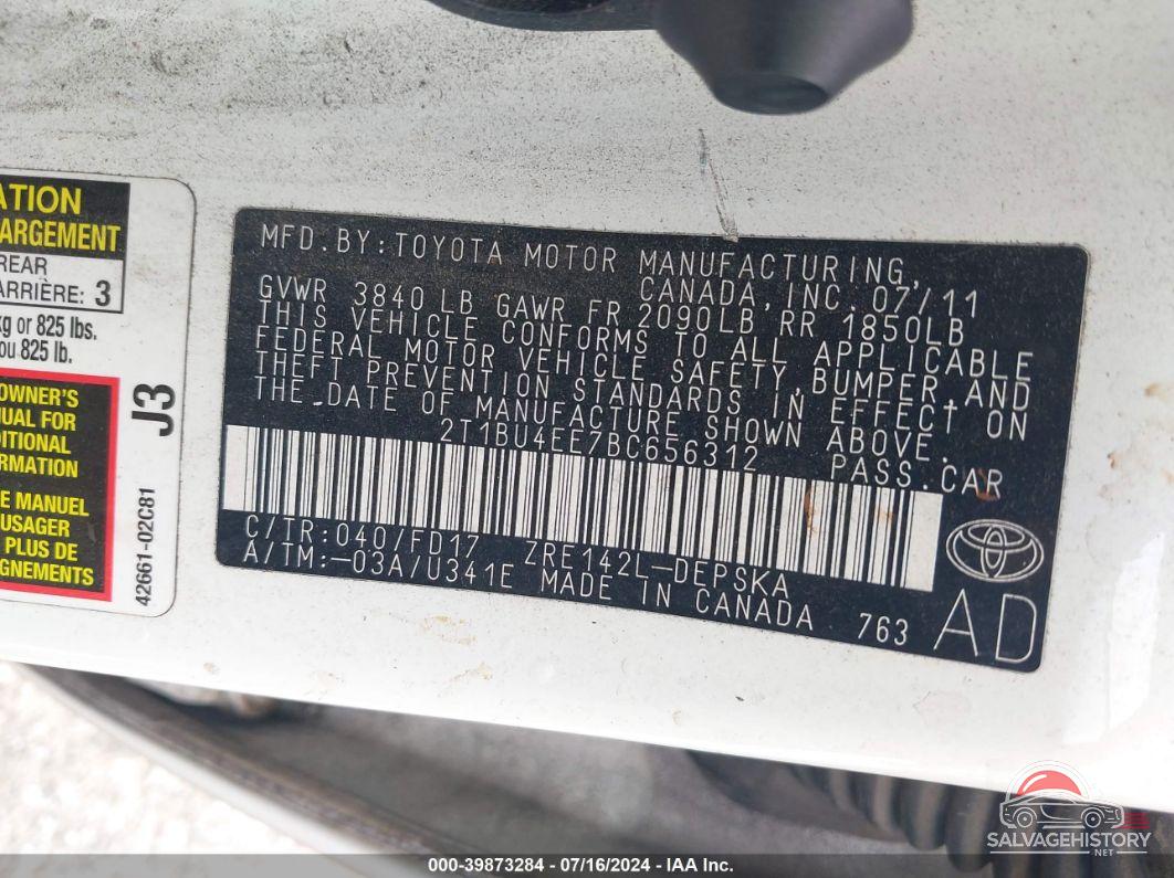 2T1BU4EE7BC656312 2011 TOYOTA COROLLA photo no. 9