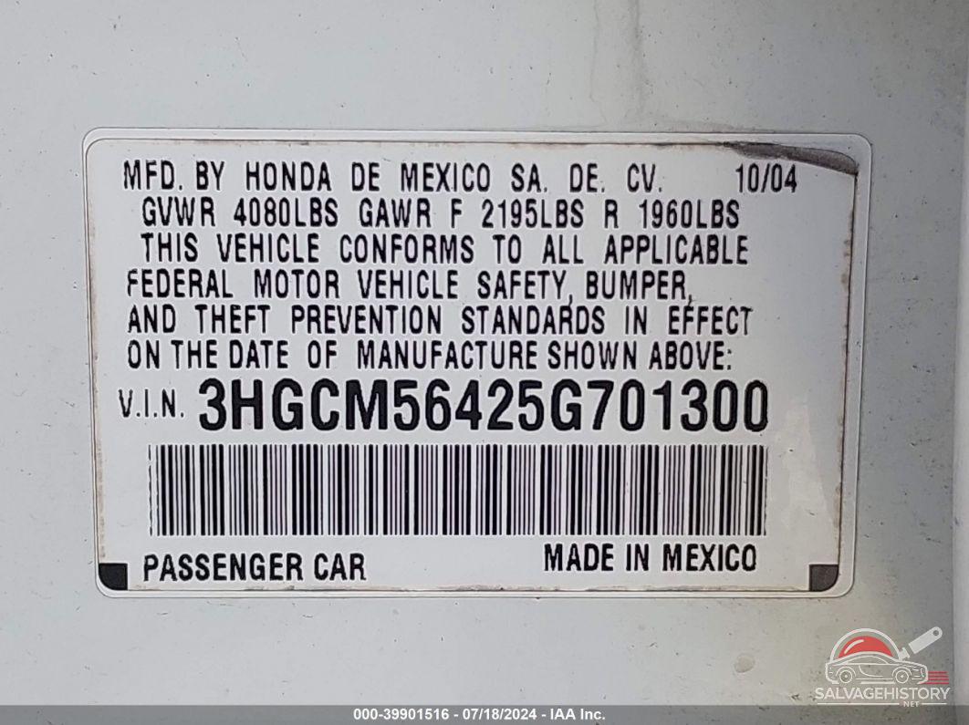 3HGCM56425G701300 2005 HONDA ACCORD photo no. 9
