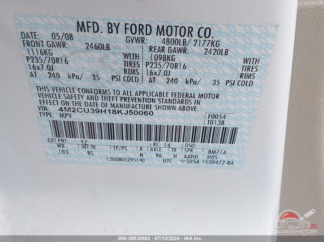 4M2CU39H18KJ50060 2008 MERCURY MARINER HYBRID photo no. 9