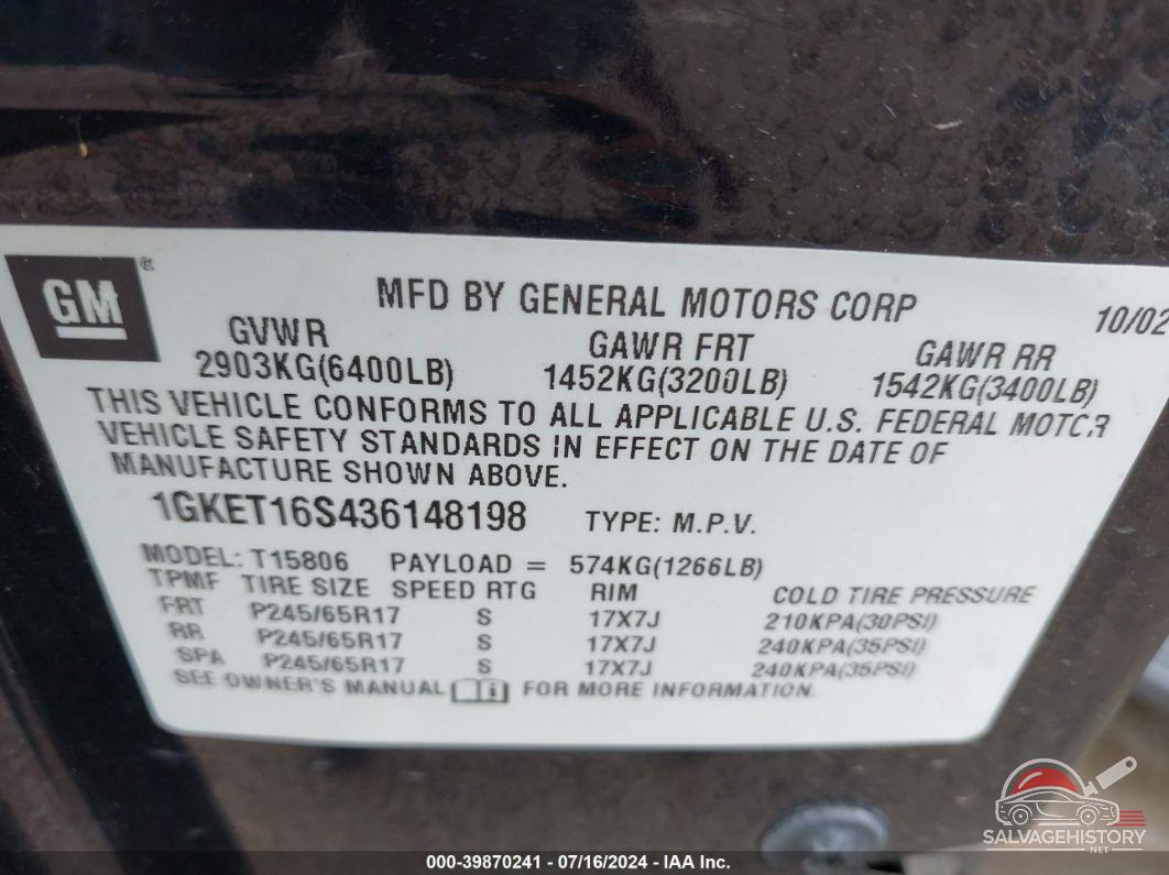 1GKET16S436148198 2003 GMC ENVOY XL photo no. 9