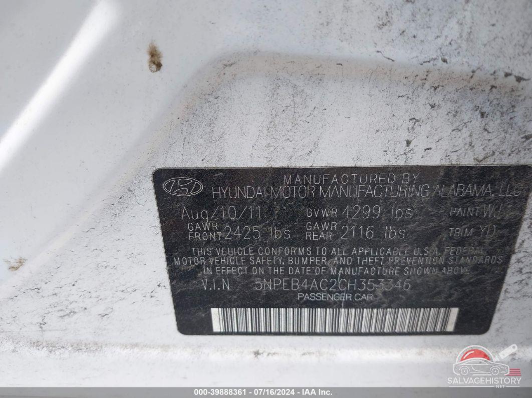 5NPEB4AC2CH353346 2012 HYUNDAI SONATA photo no. 9
