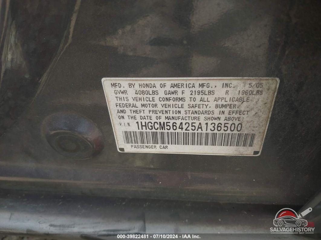 1HGCM56425A136500 2005 HONDA ACCORD photo no. 9