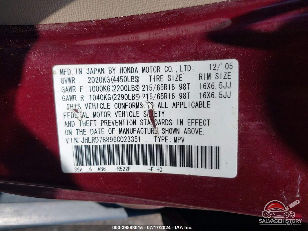 JHLRD78896C023351 2006 HONDA CR-V photo no. 9