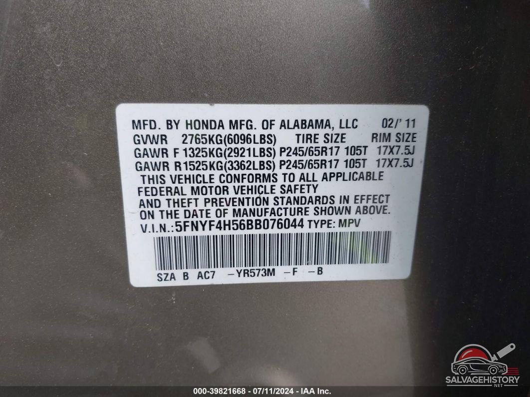 5FNYF4H56BB076044 2011 HONDA PILOT photo no. 9