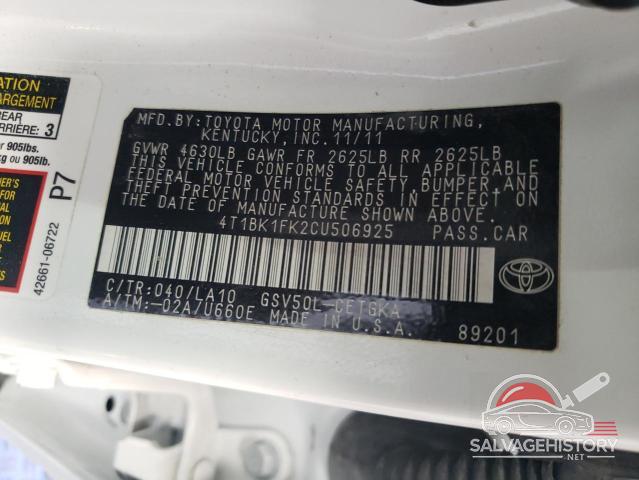 4T1BK1FK2CU506925 2012 TOYOTA CAMRY photo no. 12