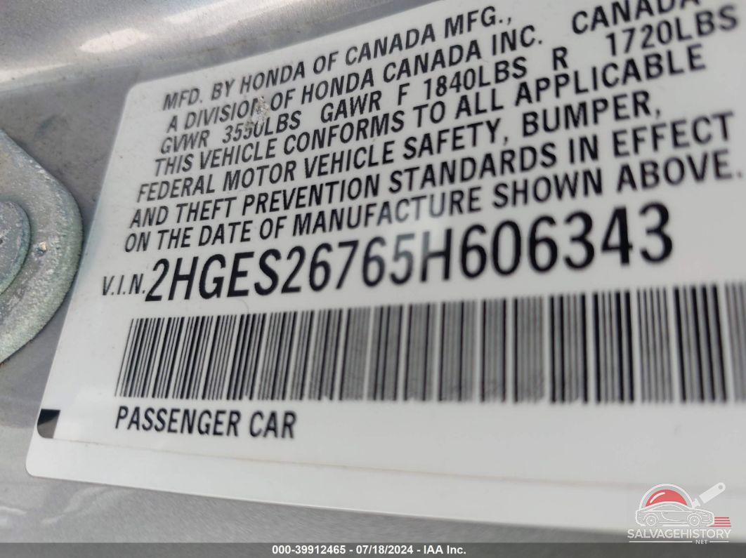 2HGES26765H606343 2005 HONDA CIVIC photo no. 9