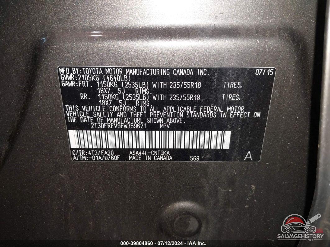 2T3DFREV9FW359621 2015 TOYOTA RAV4 photo no. 9
