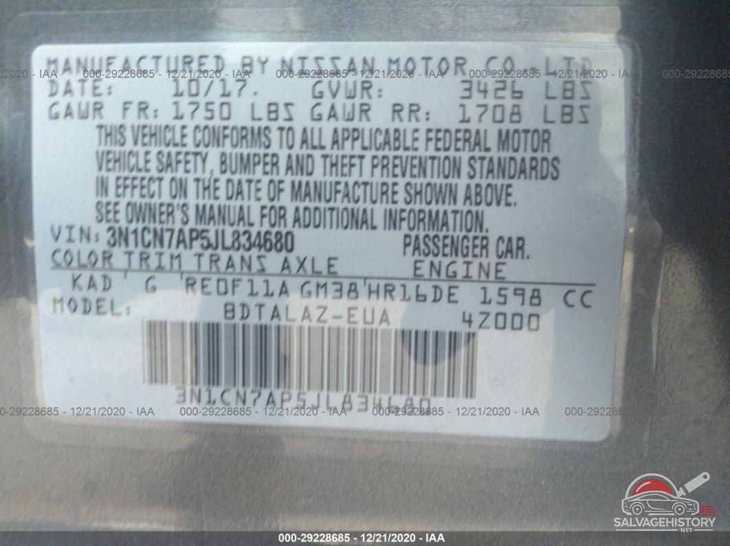 3N1CN7AP5JL834680 2018 NISSAN VERSA SEDAN photo no. 9