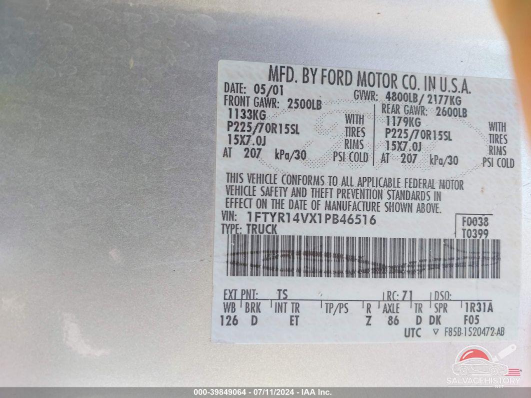 1FTYR14VX1PB46516 2001 FORD RANGER photo no. 9