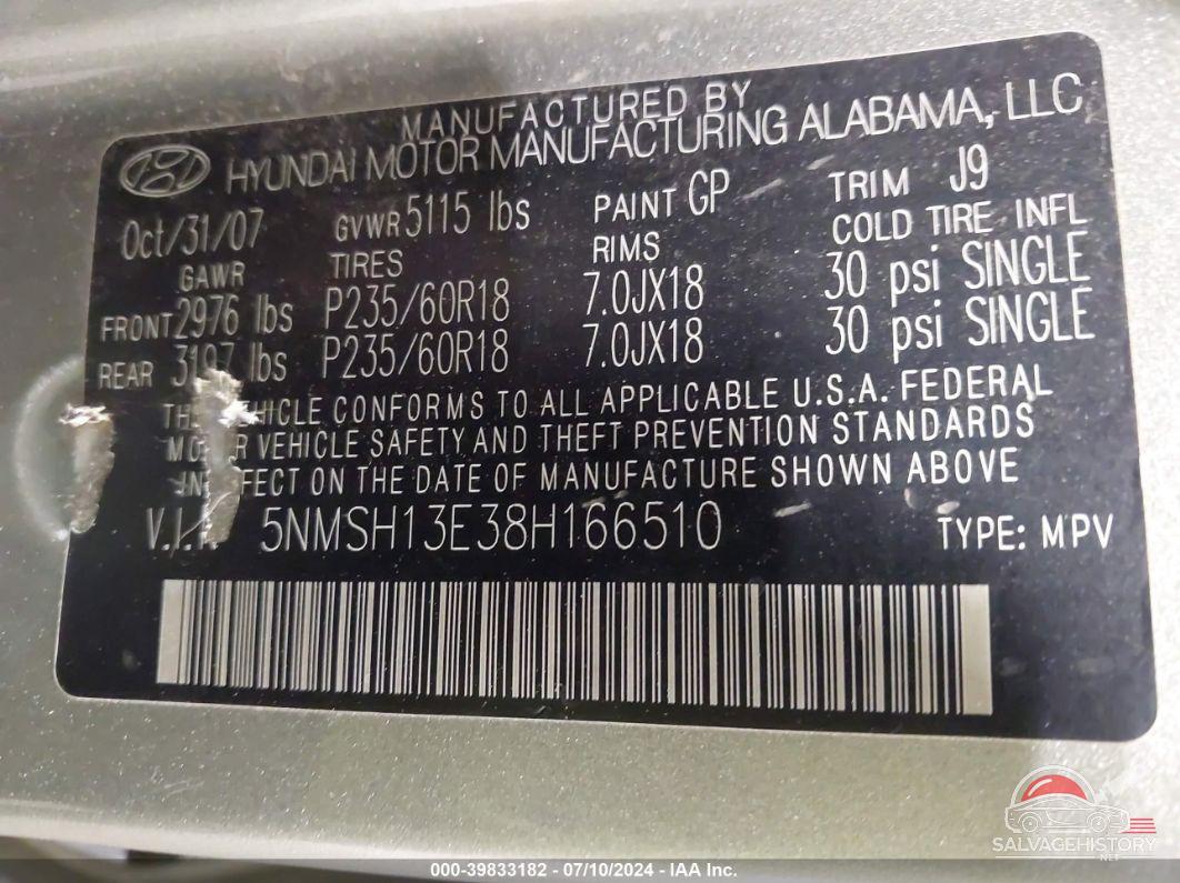 5NMSH13E38H166510 2008 HYUNDAI SANTA FE photo no. 9