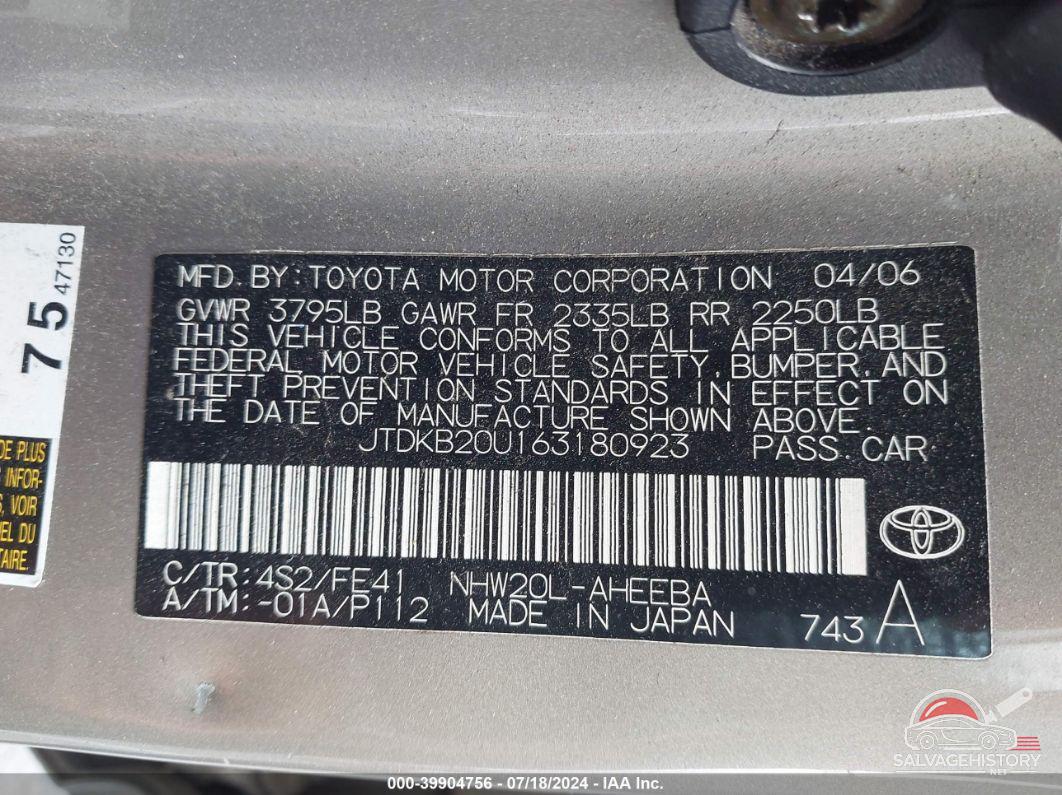 JTDKB20U163180923 2006 TOYOTA PRIUS photo no. 9