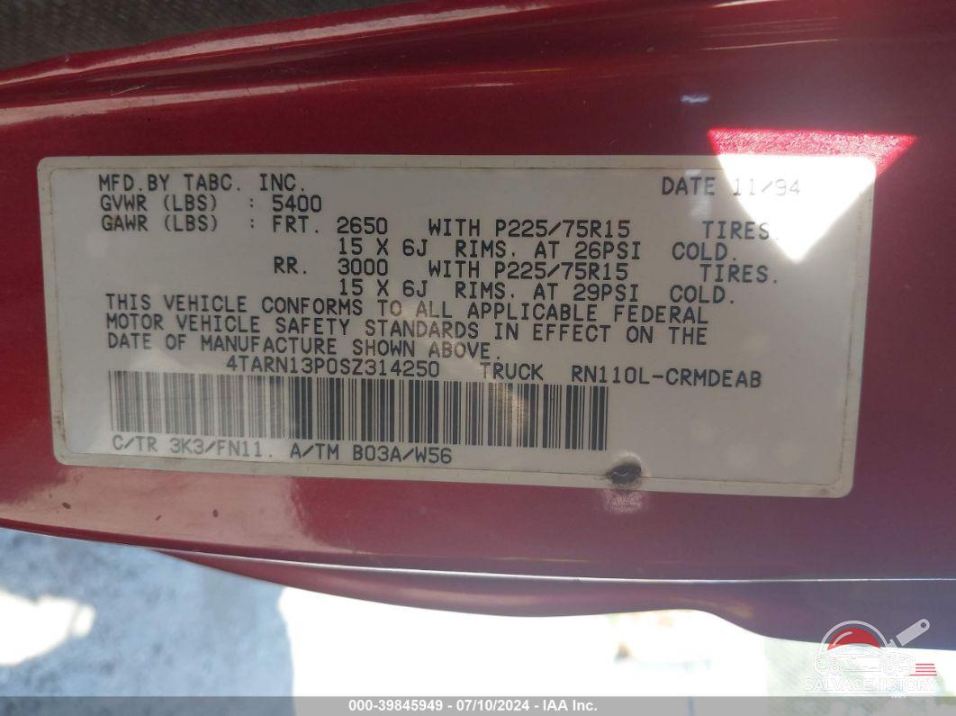 4TARN13P0SZ314250 1995 TOYOTA PICKUP photo no. 9